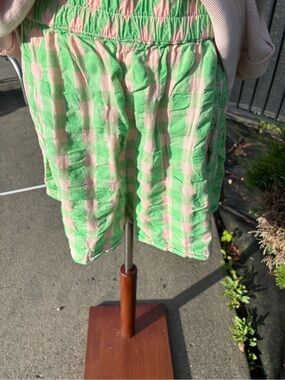 Free People "Get Free" Seersucker Pull-On Gingham Shorts - Exotic Lime